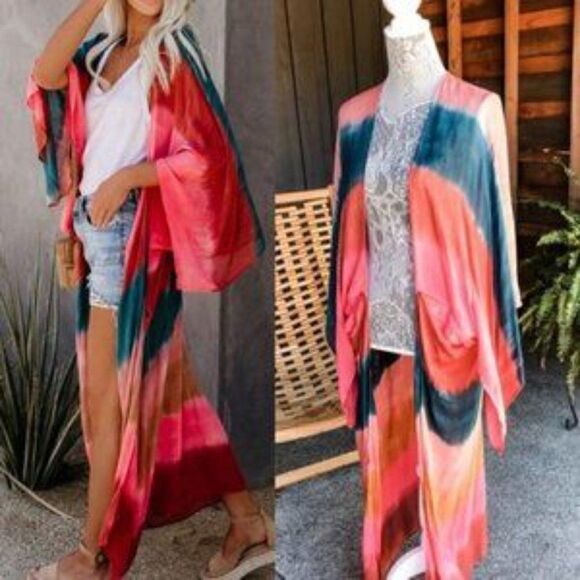 New Boho Tie Dye Beach Kimono Duster Swim Cover-Up - Picture 5 of 9